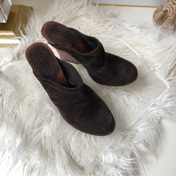 KORS Cupid Wedge Platform Boho Suede Leather & Wood Slingback Clog Michael Kors - Picture 5 of 8